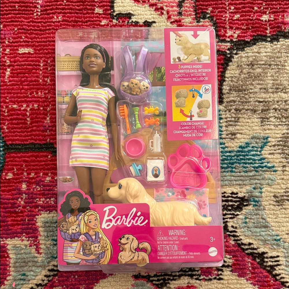 Barbie Black Doll with Multicolor Striped Dress and Cream Puppy
